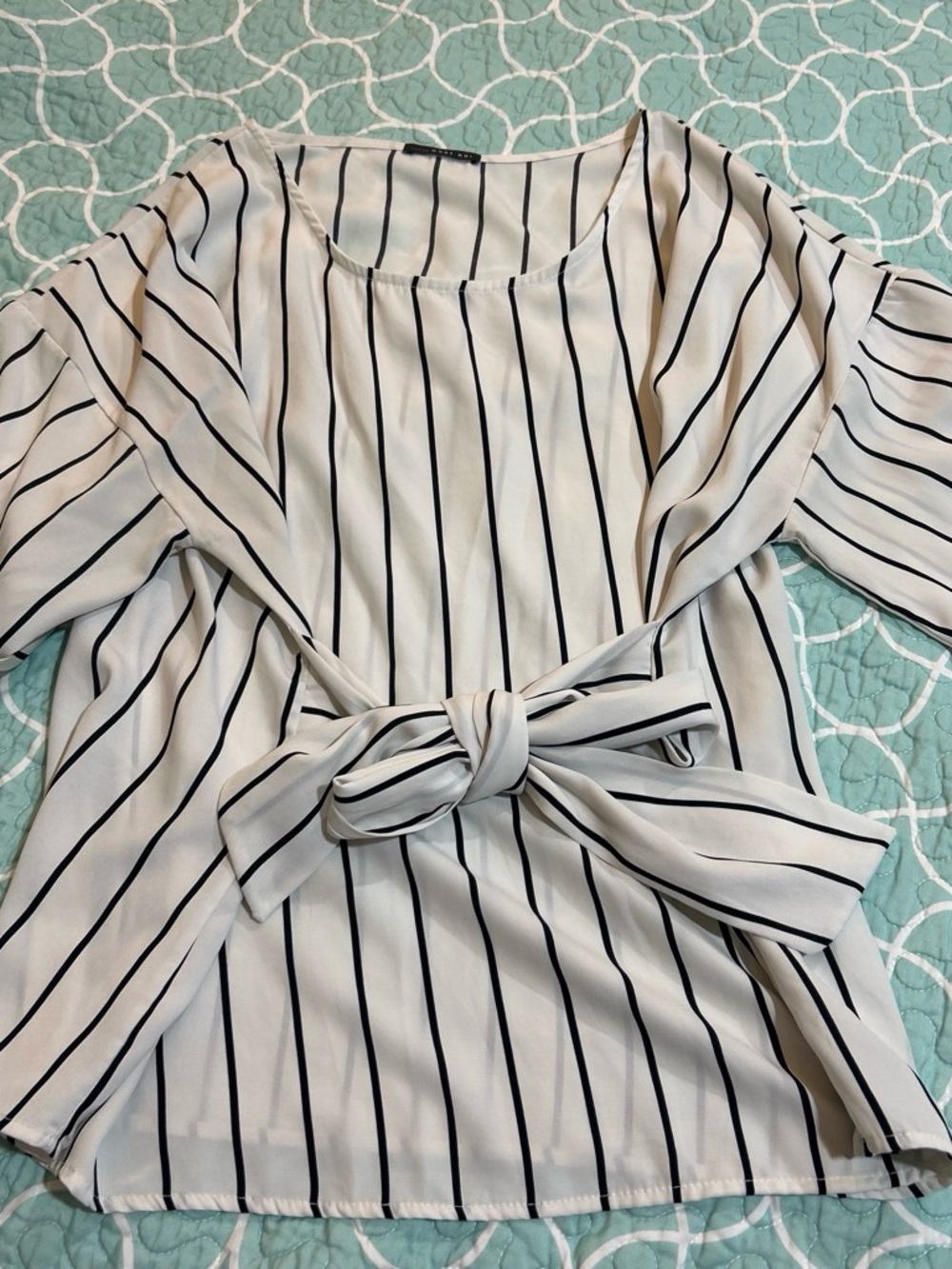 New York & Company White Blouse with Black Stripes and Front Tie